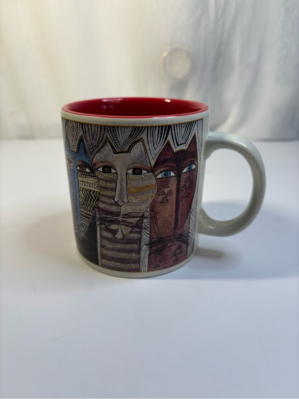 Laurel Burch  2004 Red Interior Ceramic Mug with Abstract cat Faces